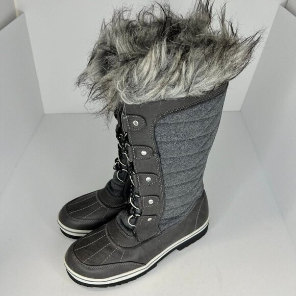 Grays Shoes - Womens Dark Gray Waterproof Lace Up Faux Fur Winter Mid Calf Size 8M Snow Boots